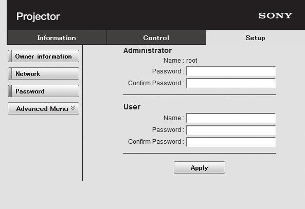Administrator: Dostęp do wszystkich stron User: Dostęp do wszystkich stron z wyjątkiem strony Setup Podczas pierwszego dostępu do strony Setup w oknie dialogowym uwierzytelniania jako nazwę