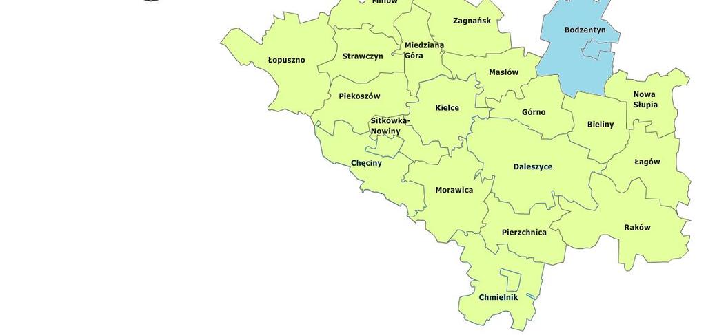 Obszar wiejski stanowi 94,59% powierzchni gminy, natomiast 5,41% zajmuje Miasto Bodzentyn. Liczba mieszkańców w 2016 r.