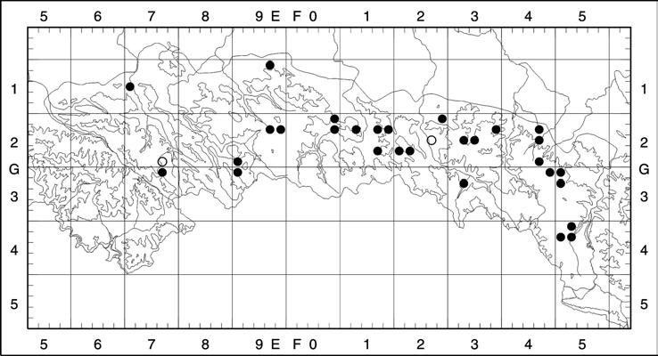 226 ROCZNIKI BIESZCZADZKIE 22 (2014) Ryc. 6. Rozmieszczenie Alchemilla glaucescens w Beskidzie Niskim. Fig. 6. Distribution of Alchemilla glaucescens in the Beskid Niski Mts.