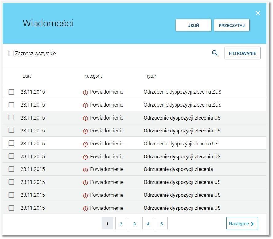 Na liście wiadomości/powiadomień dostępne są następujące informacje: data wiadomości - w formacie DD.MM.