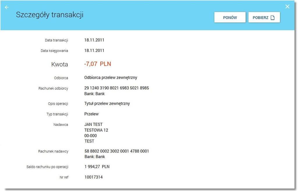 Lista pól dostępnych na formularzu jest zależna od typu transakcji.