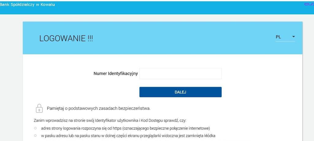 Logowanie odbywa się w trybie dwukrokowym (najpierw użytkownik wprowadza swój numer identyfikacyjny, potem dane uwierzytelniające).