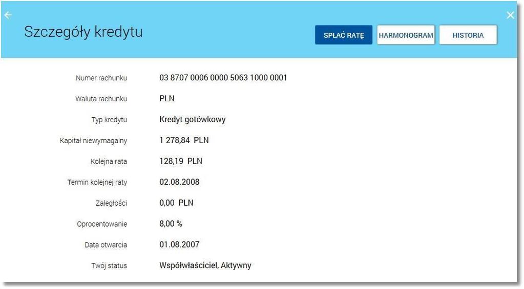 System umożliwia filtrowanie listy kredytów po wybraniu ikony danych w pol u wyszukiwania: znajdującej się nad listą, a następnie po wpisaniu System filtruje listę już po wpisaniu pierwszej