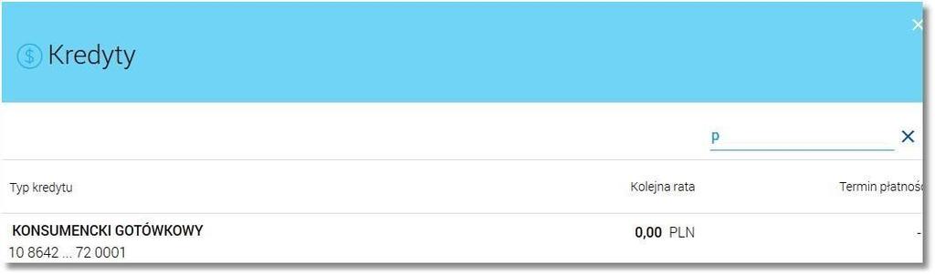 Aby powrócić do pełnej listy kredytów należy usunąć z pola wyszukiwania wprowadzoną treść za pomocą klawiszy [Backspace]/[Delete] z klawiatury.