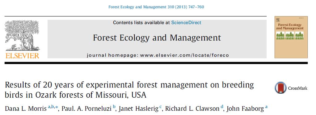 Morris et al 2013 Morris et al 2013 Missouri, USA 20 lat badań brzmi dobrze ale n powierzchni = 9 3 kontrolne + 6 eksperymentalnych z pozyskaniem spadki: 5 gatunków wnętrza lasu
