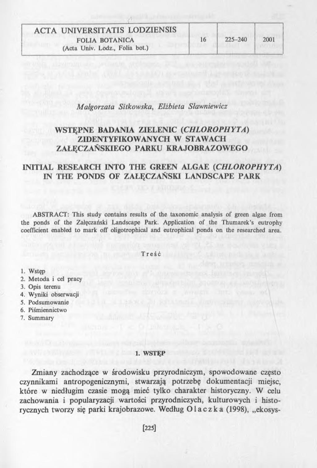 ACTA UNIV ERSITA TIS LODZIENSIS F O L IA B O TA N IC A 16 225-240 2001 (Acta Univ. Lodz., Folia bot.