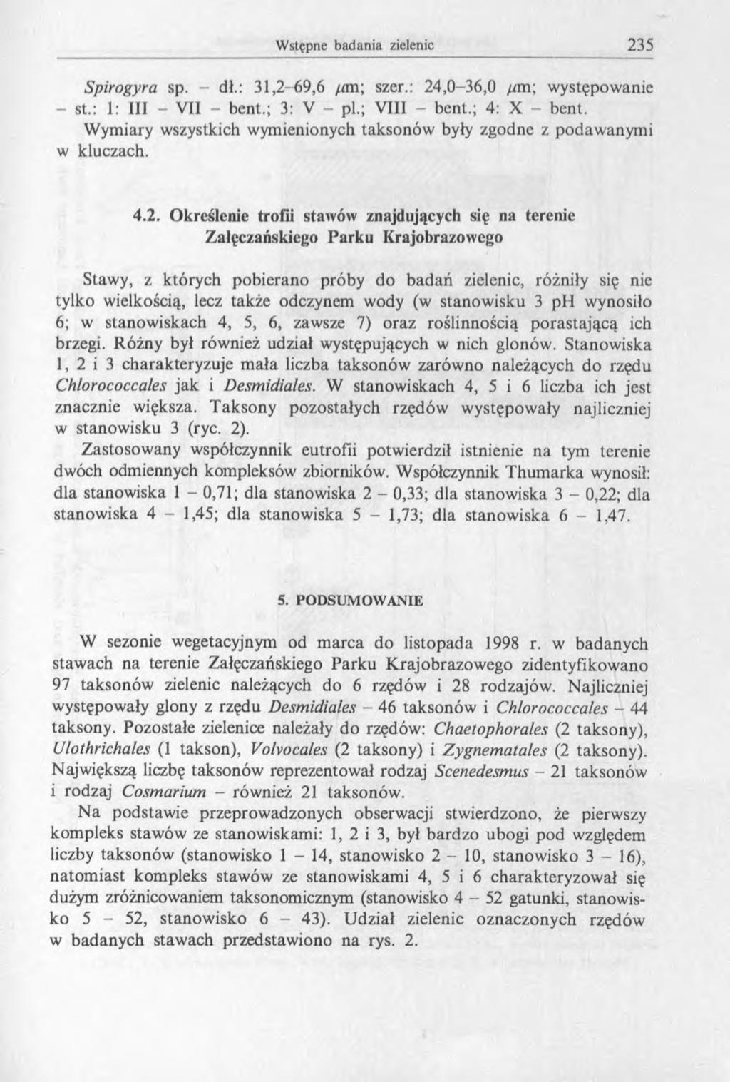 Spirogyra sp. - dł.: 31,2-69,6 /an; szer.: 24,0-36,0 «n; występowanie st.: 1: III - VII - bent.; 3: V - pi.; VIII - bent.; 4: X - bent.