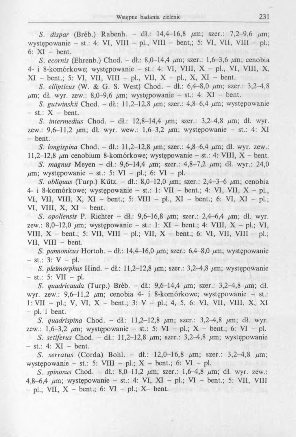 S. dispar (Breb.) Rabcnh. - dł.: 14,4-16,8 /an; szer.: 7,2-9,6 /an; występowanie - st.: 4: VI, VIII - pi., VIII - bent,; 5: VI, VII, VIII - pl.; 6: XI - bent. S. ecornis (Ehrenb.) Chod. - dl.