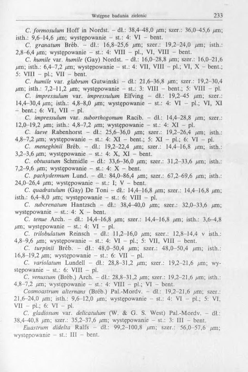 C. formosulum Iloff in Nordst. - dł.: 38,4-48,0 /an; szer.: 36,0 45,6 /im; isth.: 9,6-14,6 /iin; występowanie - st.: 4: VI - bent. C. granatum Brćb. - dl.: 16,8-25,6 /im; szer.: 19,2-24,0 /im; isth.