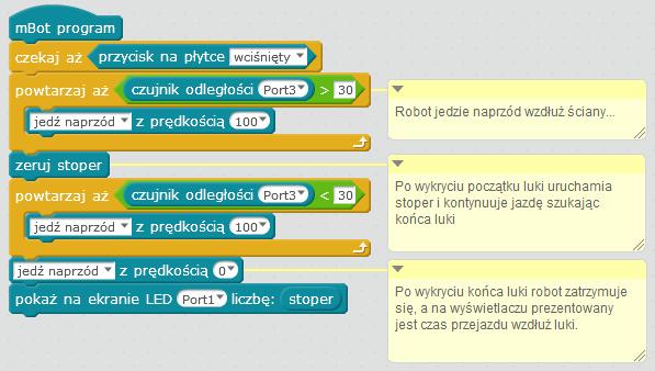 Początek i koniec odcinka wyznaczone są przez krawędzie pudełek jak na rys. powyżej. Wykorzystaj wewnętrzny stoper robota.