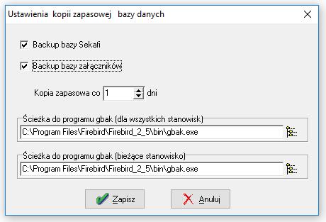 4. Nowy formularz ustawień automatycznych kopii zapasowych bazy danych Administracja -> Baza danych -> Ustawienia kopii zapasowej W nowej wersji Sekafi, przy zamykaniu programu pojawia się okno z