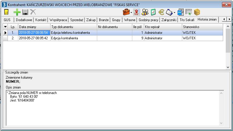 7. Nowa zakładka na kartotece Kontrahentów Kartoteki -> Kontrahenci -> Historia zmian W kartotece kontrahenta pojawiła się nowa zakładka Historia zmian.