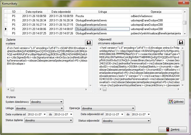 pojawi się wówczas okno prezentujące dane szczegółowe wszystkich komunikatów wysłanych do i odebranych z systemu centralnego.