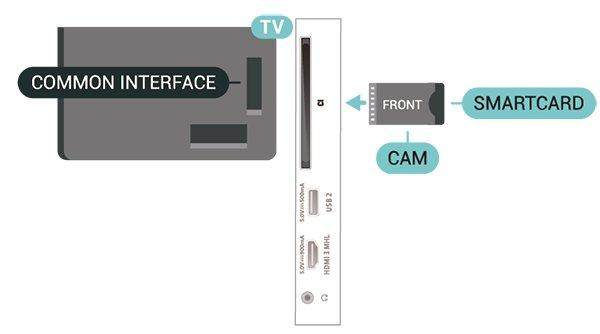 uszkodzenie modułu i telewizora. 2. Patrząc na tylną część telewizora, skieruj przód modułu CAM do siebie i delikatnie wsuń go do gniazda COMMON INTERFACE. 3. Wsuń moduł CAM do oporu.