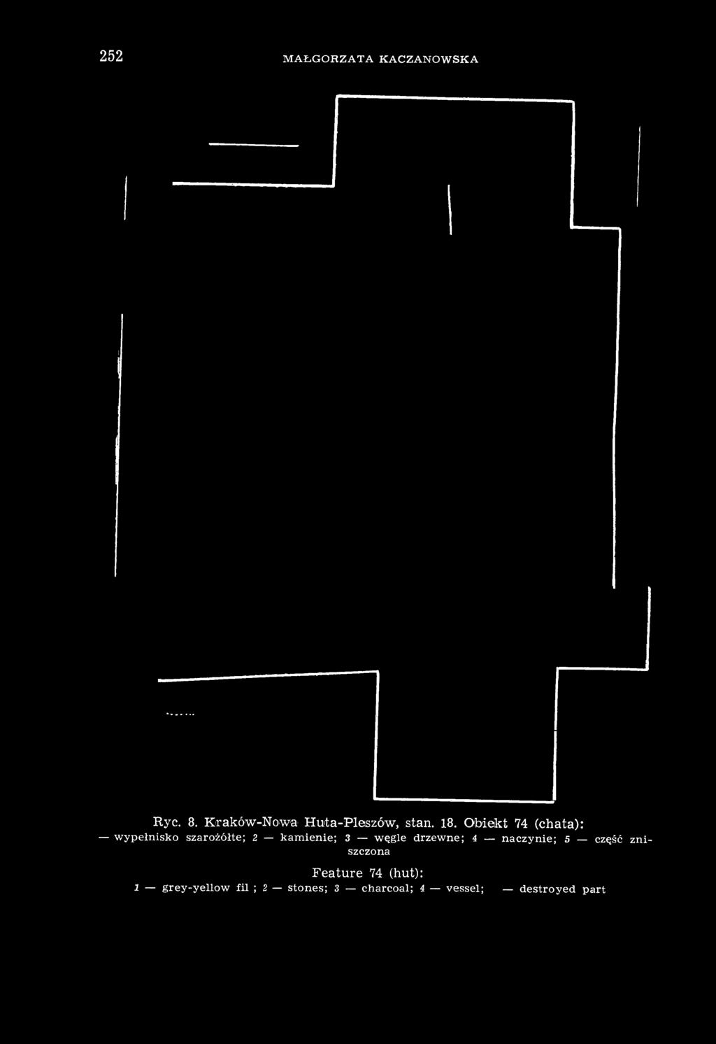 węgle drzewne; 4 naczynie; 5 część zniszczona Feature 74 (hut): l