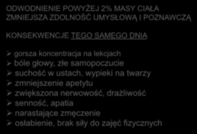 SKUTKI ODWODNIENIA ODWODNIENIE POWYŻEJ 2% MASY CIAŁA ZMNIEJSZA ZDOLNOŚĆ UMYSŁOWĄ I POZNAWCZĄ KONSEKWENCJE TEGO SAMEGO DNIA gorsza koncentracja na lekcjach bóle głowy, złe