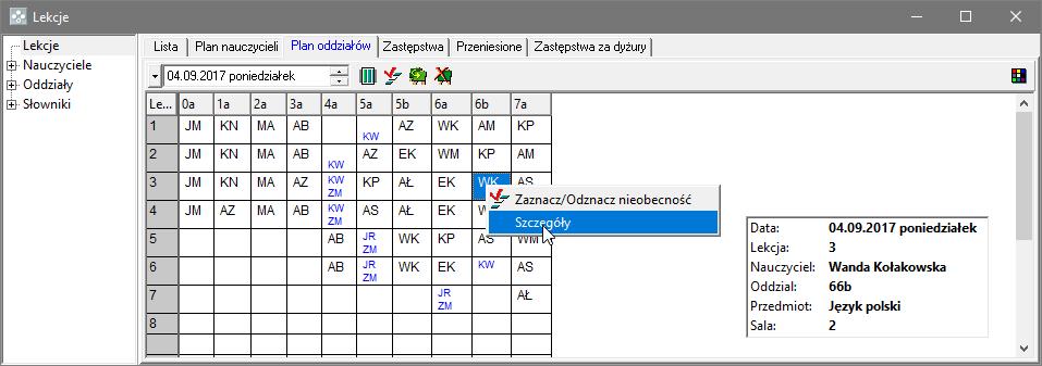 Jak rozpocząć pracę z programem Zastępstwa Optivum? 7/12 8. Kliknij wybraną lekcję prawym przyciskiem myszy, wybierz polecenie Szczegóły i zapoznaj się ze szczegółowym opisem lekcji.