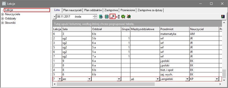 W przypadku zajęć międzyoddziałowych nie wypełniaj kolumn Oddział i Grupa, natomiast w kolumnie Międzyoddziałowe