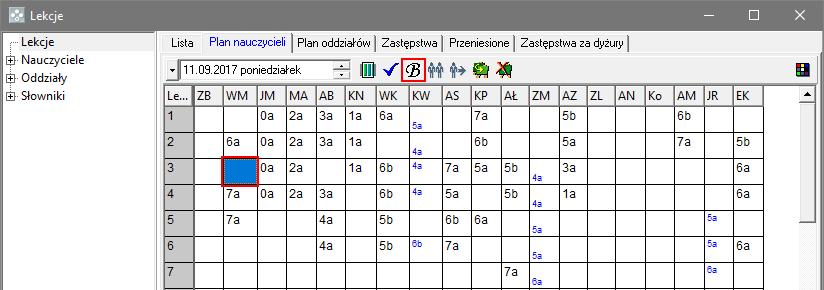 Wprowadzanie blokad lekcji w planie nauczyciela Aby nauczyciel był pomijany przy planowaniu zastępstw, należy w