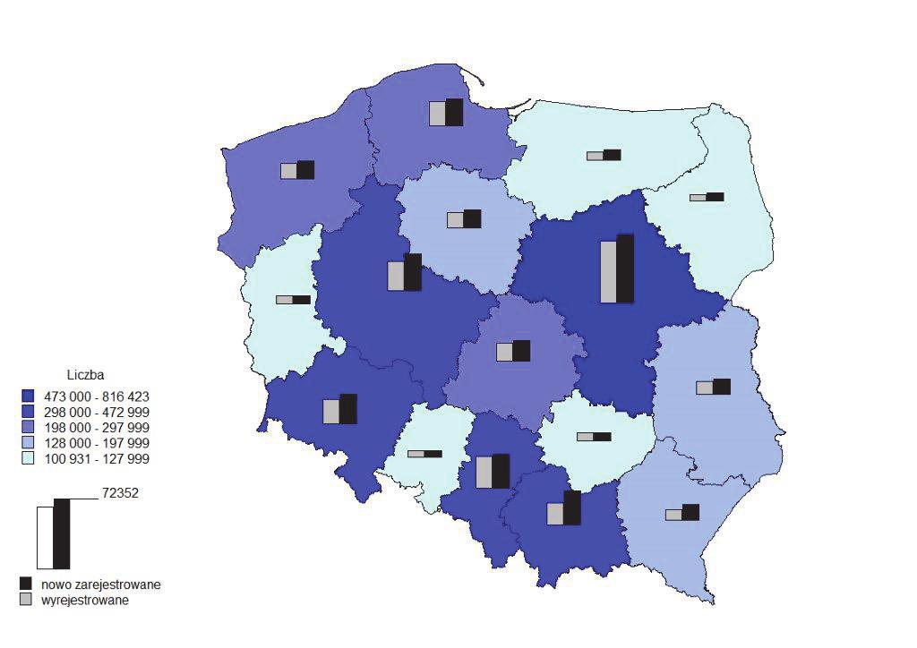 W układzie przestrzennym największy procentowy wzrost liczby podmiotów nowo wpisanych wystąpił w województwach: podlaskim (o 15,2%), warmińsko-mazurskim (o 14,3%), lubelskim (o 14,0%). W 2018 r.