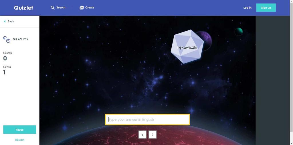 Gra - Gravity/Grawitacja Spadają asteroidy ze słówkami, które należy jak najszybciej przetłumaczyć.