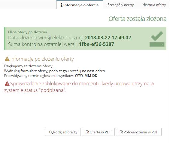 Po kliknięciu w Potwierdzenie w PDF otrzymamy potwierdzenie złożenia oferty.