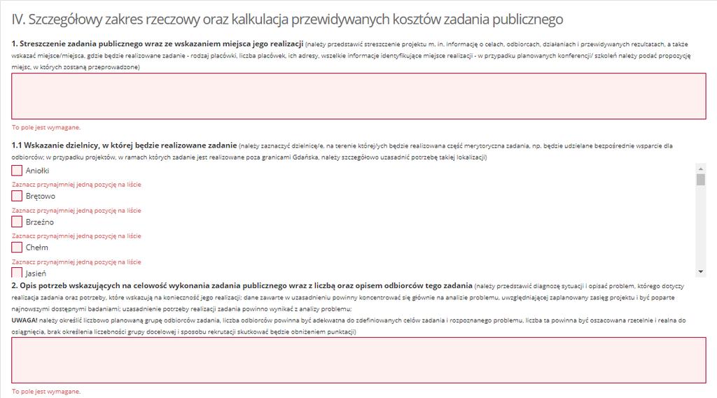 Przy przejściu pomiędzy zakładkami lub próbie zapisania formularza nie wyświetla się błąd, a wniosek może zostać złożony, jeśli wszystkie pola zostały właściwie wypełnione i oferta ma