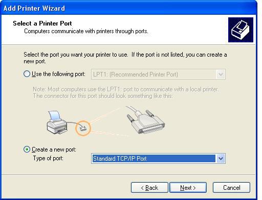 8. Jeśli komputer nie jest podłączony do urządzenia MFP, wybierz opcję Create a new port (Utwórz nowy port) w obszarze Select a Printer Port (Wybieranie portu drukarki). 9.