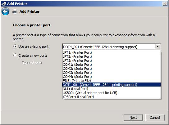 7. Z menu rozwijanego Use an existing port (Użyj istniejącego portu) wybierz nazwę lub adres IP urządzenia MFP.