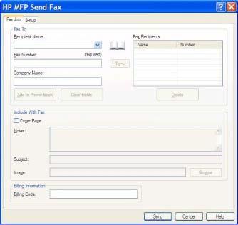 9. Jeśli włączono funkcję kodów billingowych, wpisz kod billingowy w obszarze Billing Information (Informacje billingowe) okna dialogowego HP MFP Send Fax (Wysyłanie faksu z HP MFP).