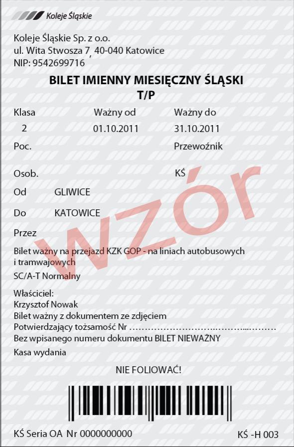 Śląski bilet miesięczny emitowany przez Koleje Śląskie Sp. z o.