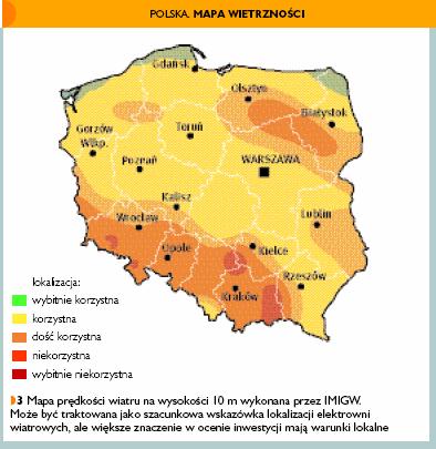 strefie wietrzności pod kątem wykorzystywania energii wiatru za pomocą obecnie dostępnych rozwiązań turbin wiatrowych. Rys. 40.