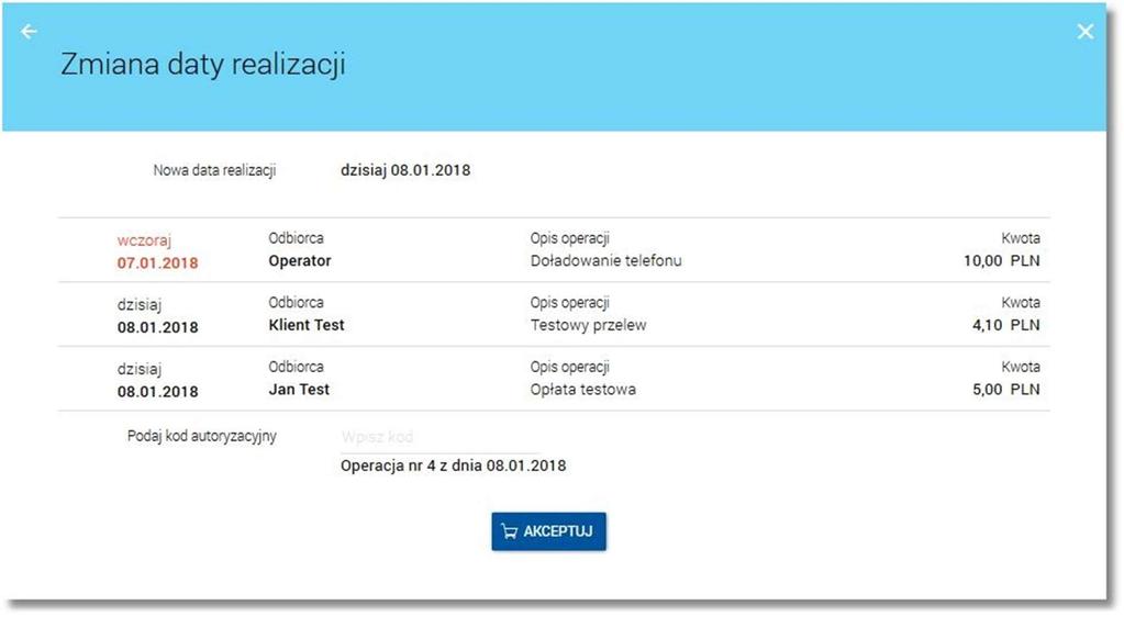 Wymóg autoryzacji operacji grupowej zmiany daty realizacji zleceń zależny jest od danych przelewu oraz ustawień dedykowanych usług i jest analogiczny jak dla edycji przelewu.
