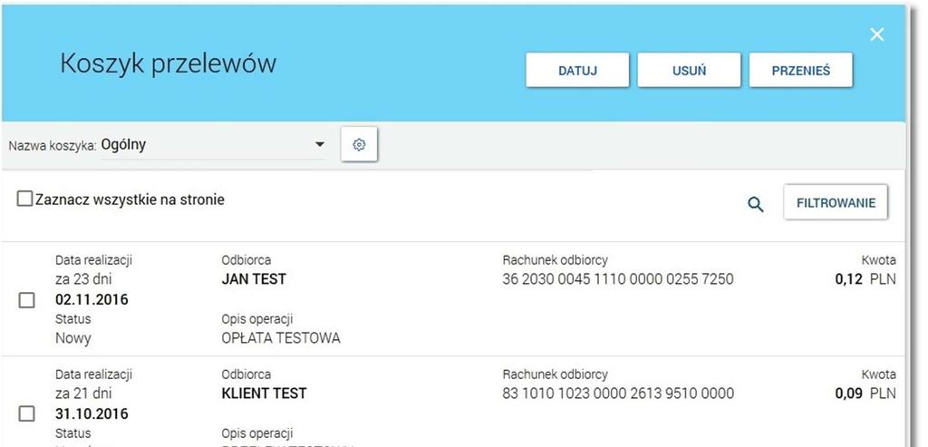 Page2 Wybór ikony znajdującej się w nagłówku systemu umożliwia przejście na formatkę Koszyk przelewów prezentującą listę przelewów do akceptacji w kontekście wskazanego koszyka zleceń.