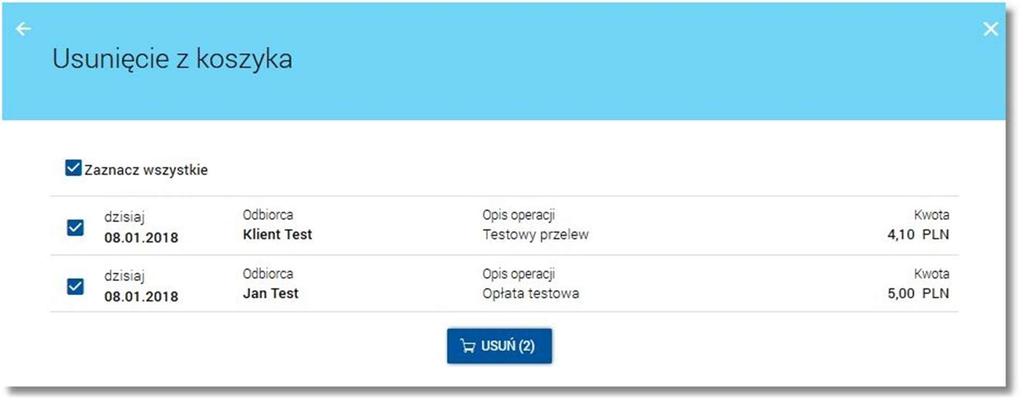 Page20 [USUŃ] dostępny w nagłówku formatki Koszyk przelewów. Funkcjonalność grupowego usuwania dotyczy zleceń, które nie zostały przekazane do realizacji do systemu transakcyjnego banku.