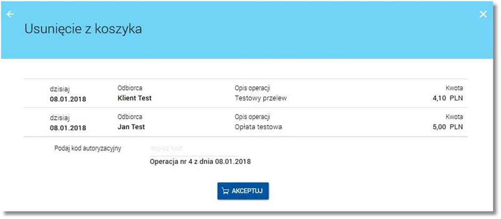 Page21 Na kolejnym ekranie zaprezentowana jest lista wybranych przelewów do usunięcia. Operacja grupowego usuwania zleceń z koszyka zawsze wymaga autoryzacji.