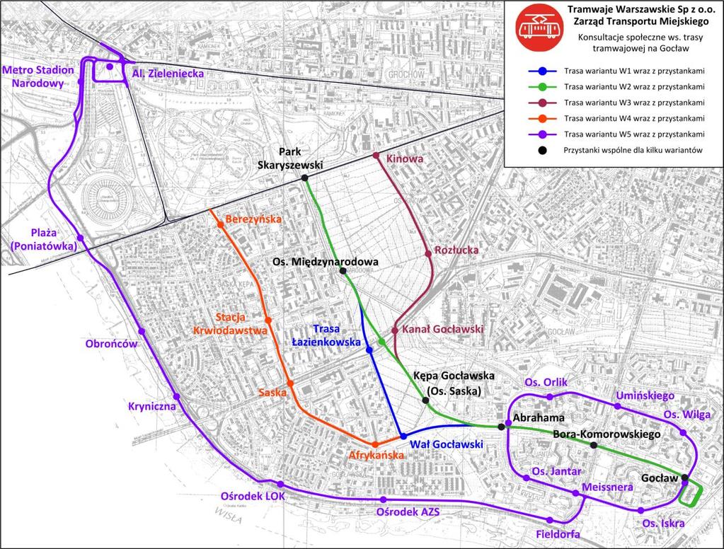 5 wstępny koszt inwestycji: 246 942 800 PLN. 5. Wariant W5 czas przejazdu (pętla Gocław Metro Świętokrzyska): 25:00 min.