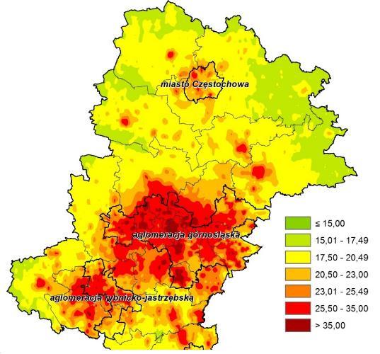 Rys. 18 Obszary przekroczeń średnich stężeń rocznych pyłu 2,5 w 2015 roku [µb/m 3 ].