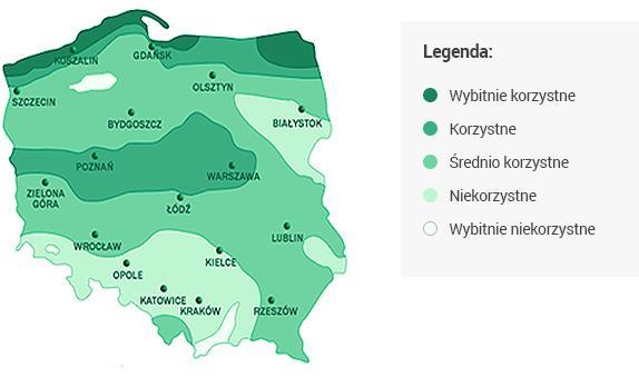 Rysunek 17 Mapa wietrzności Polski. Źródło: pepsa.com.pl/pl/strona/otoczenie-rynkowe Powyższa mapa ilustruje potencjał poszczególnych obszarów Polski pod względem wykorzystania energii wiatrowej.