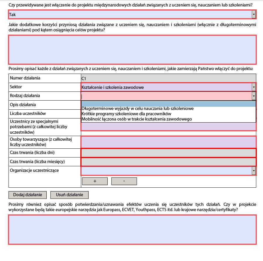 Z listy rozwijalnej Sektor należy wybrać Kształcenie i szkolenia zawodowe wtedy w liście rozwijalnej Rodzaj działania pojawią się trzy rodzaje działań. Rodzaj działania: 1.