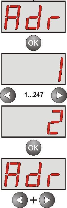 - nacisnąć OK - na wyświetlaczu pojawi się aktualny adres zasilacza - przyciskami > lub < dokonać ustawienia adresu 1 247 adres zasilacza w czasie komunikacji z komputerem - wybór zatwierdzić
