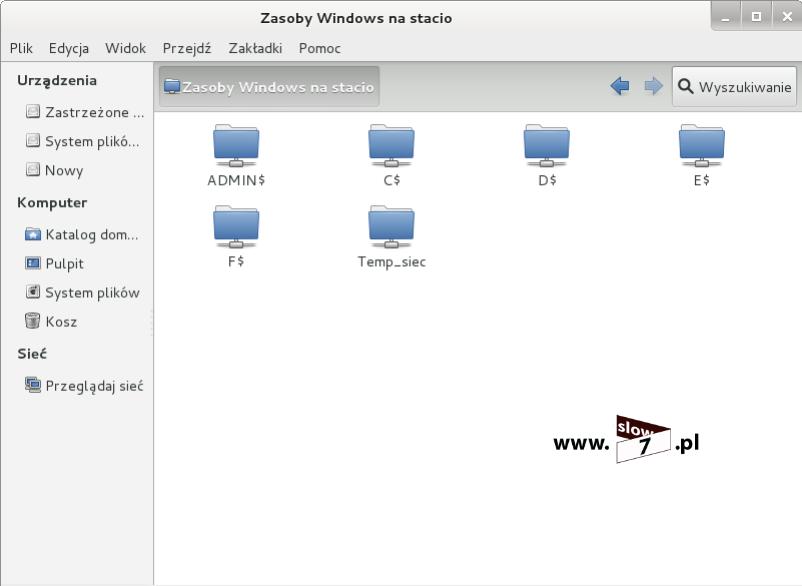 12 (Pobrane z slow7.pl) Również możliwa jest komunikacja z komputerem klientem. W tym przypadku uzyskujemy dostęp do folderów udostępnionych na maszynie z zainstalowanym Windows 7.