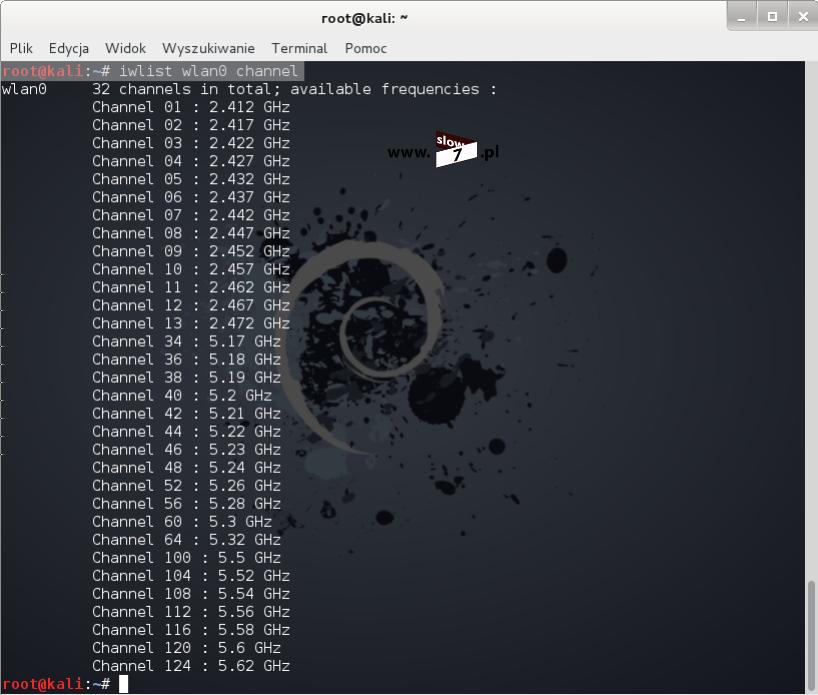 5 (Pobrane z slow7.pl) Wydanie polecenia iwlist <nazwa_interfejsu> frequency będzie skutkowało wynikiem podobnym do poprzedniego.