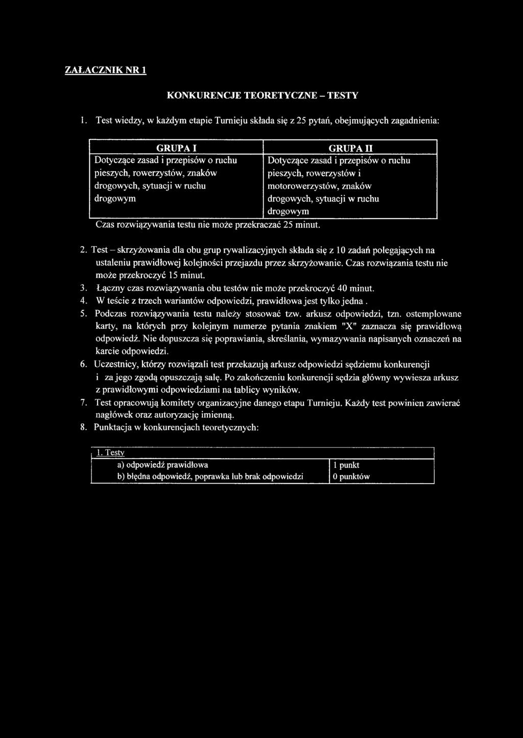 znaków pieszych, rowerzystów i drogowych, sytuacji w ruchu motorowerzystów, znaków drogowym drogowych, sytuacji w ruchu drogowym Czas rozwiązywania testu nie może przekraczać 25