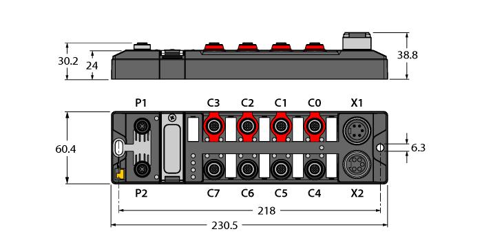 EtherNet/IP Zintegrowany switch ethernetowy Obsługa prędkości transmisji 10 Mbps / 100 Mbps Dwa męskie złącza M12, 4-pinowe, kodowanie D, podłączenie sieci Ethernet Złącza męskie 7/8", 5-pinowe,