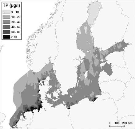 Stężenia fosforu całkowitego TP w Bałtyku oraz Morzu Północnym w warstwie -1 m w okresie wegetacyjnym w latach 199-25; profile pionowe TP w południowym Bałtyku w roku 214 (Håkanson i Bryhn, 28;