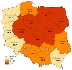 Zagęszczenie zwierząt gospodarskich (DJP=LU/1 ha) na