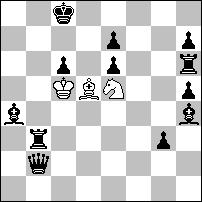 Bogata treść rzadko spotykana w takich zadaniach osiągnięta, niestety, za cenę symetryczności układu, 1...... 2./bb7 %b6 3.3b5 -g6# 1...d:e5 2.