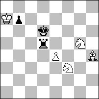 (5+3) Trzy ładne maty wzorowe po blokowaniach róŝnych pól. Miły drobiazg. 1...%h7 2./d4 %fg5 3.7e5 )g3# 1...%f7+ 2.7e6 )d8 3./d7 %3g5# 1...%e5 2./b5 %gf3 3.7c5 )e7# b)!