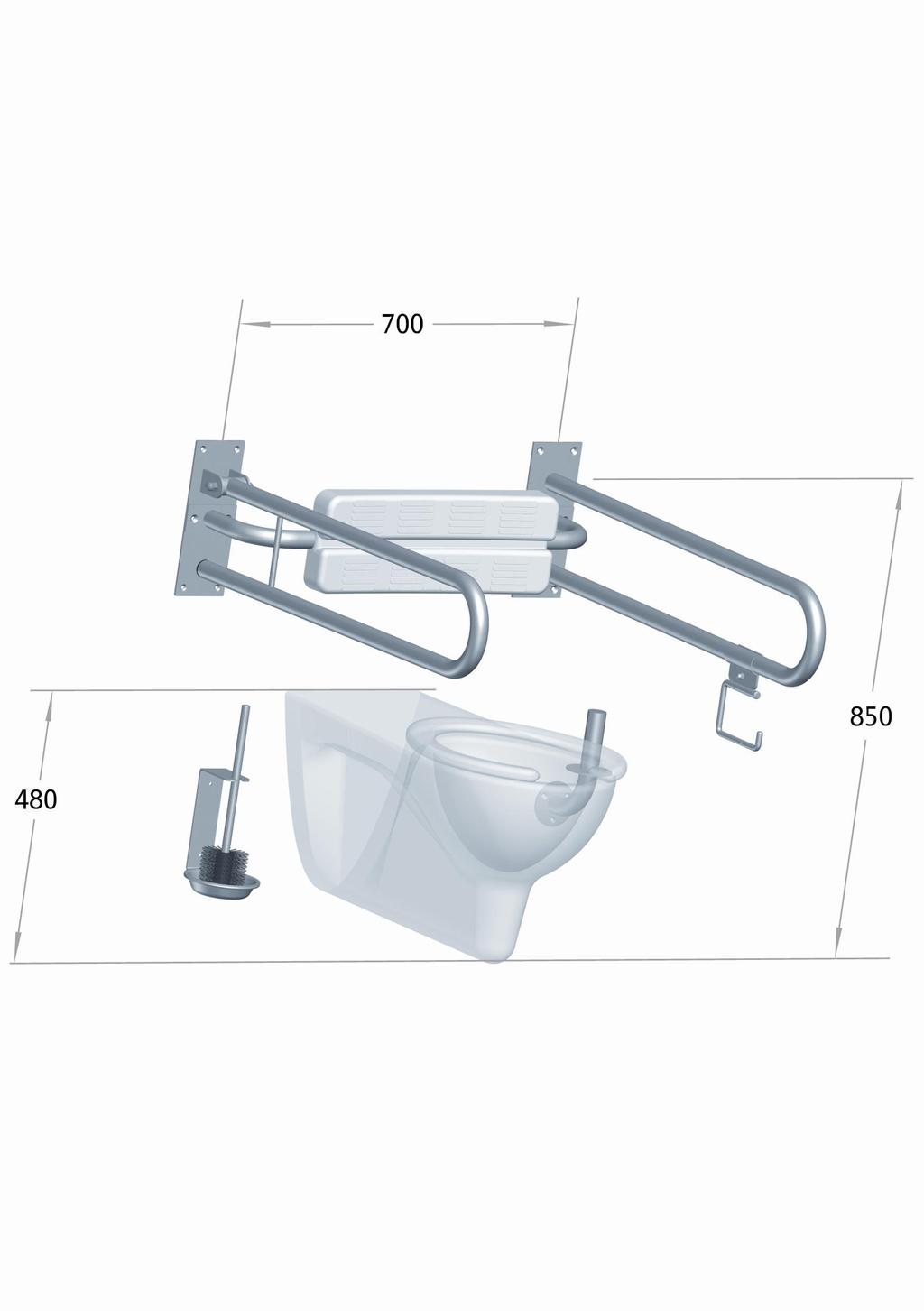 Karta projektowa, wc Lehnen Funktion Poręcz uchylna łukowa długość: 850 mm Poręcz ścienna łukowa stała długość: 850 mm Uchwyt papieru toaletowego Oparcie dla pleców montaż na płytce poręczy uchylnej